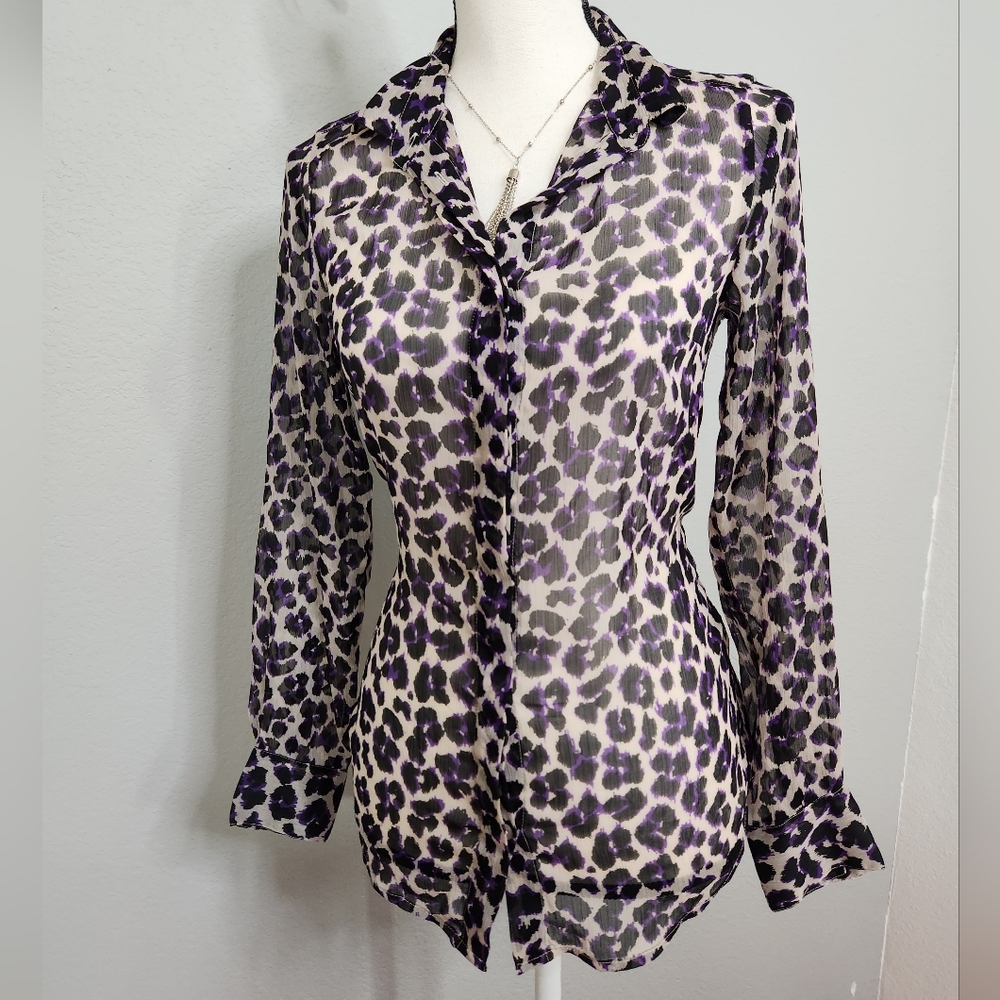 French Connection Leopard Purple Print Long Sleeve Blouse
